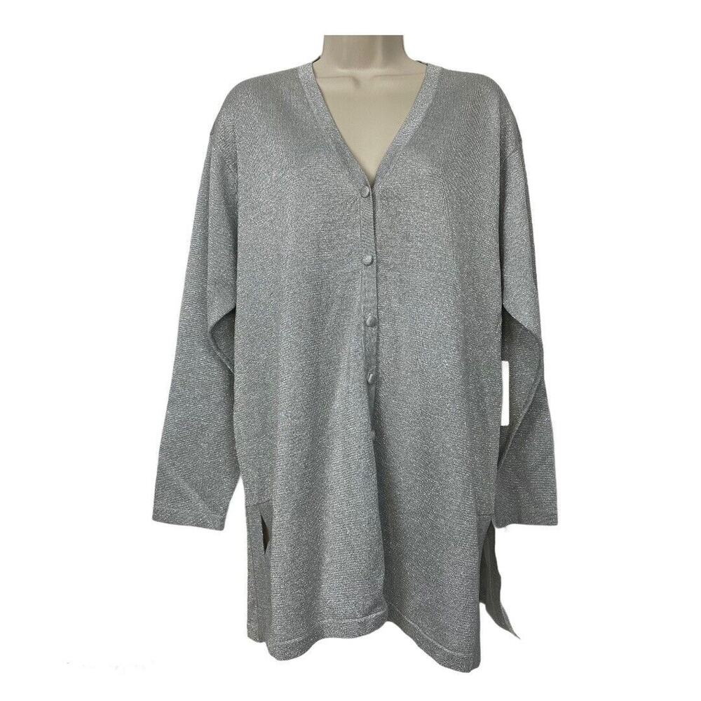Evan Picone Cardigan Sweater Women Large Silver Gray Slinky Knit Glam Dressy NEW